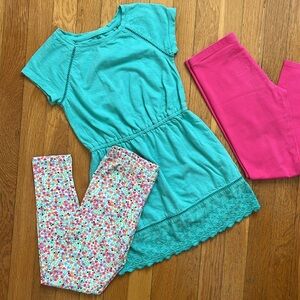 Size 7 Girls 3 pc. Summer Cotton Play Dress and Leggings Stretch Pants Set